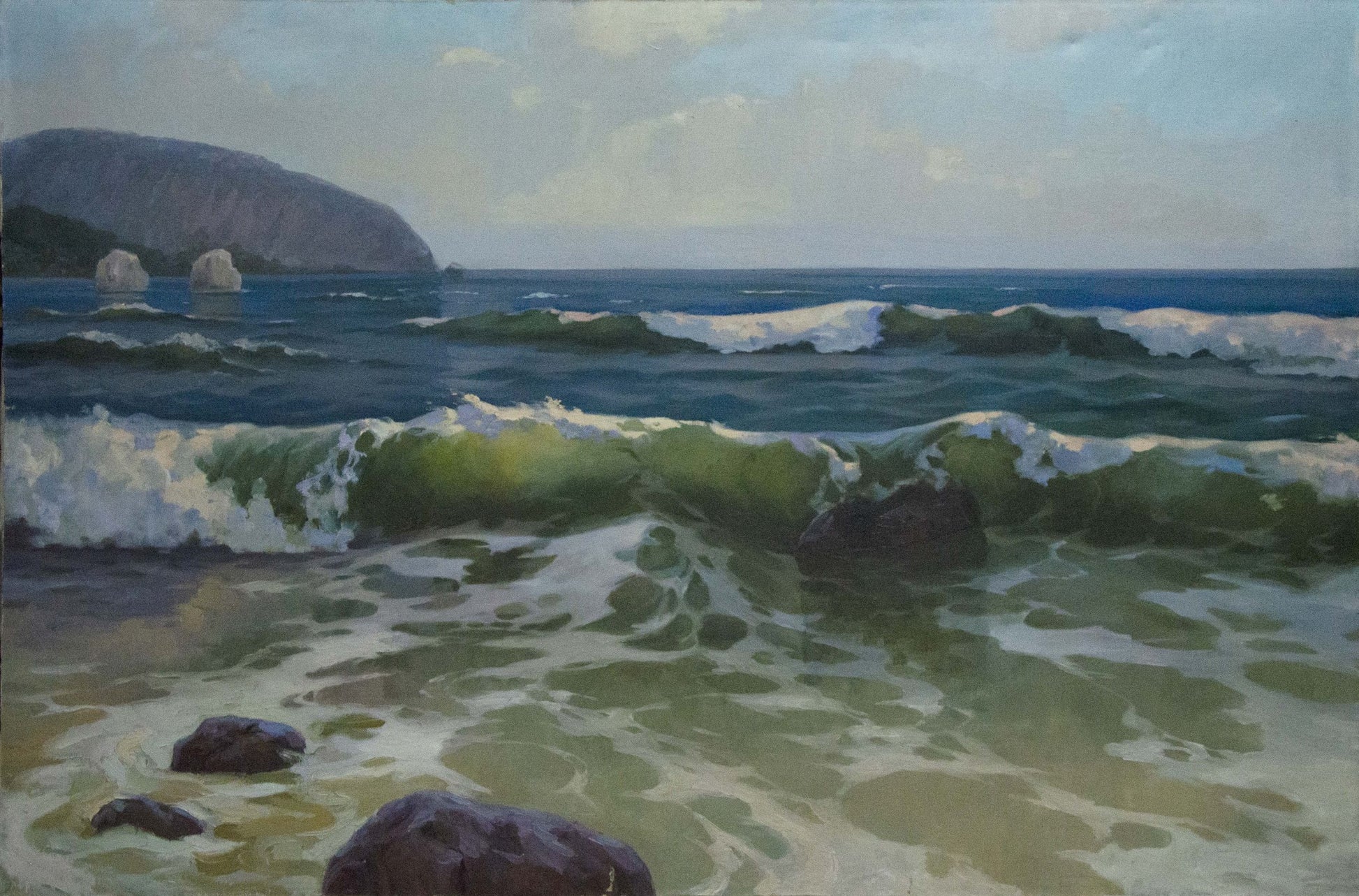 Oil painting Seascape Tsyganok Nikitin: serene waves on rocky shore