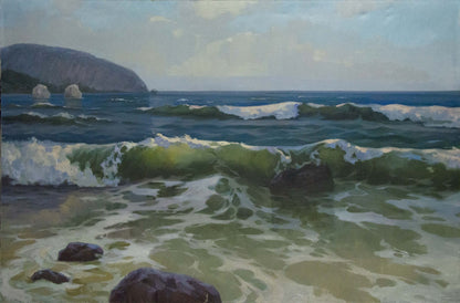 Oil painting Seascape Tsyganok Nikitin: serene waves on rocky shore