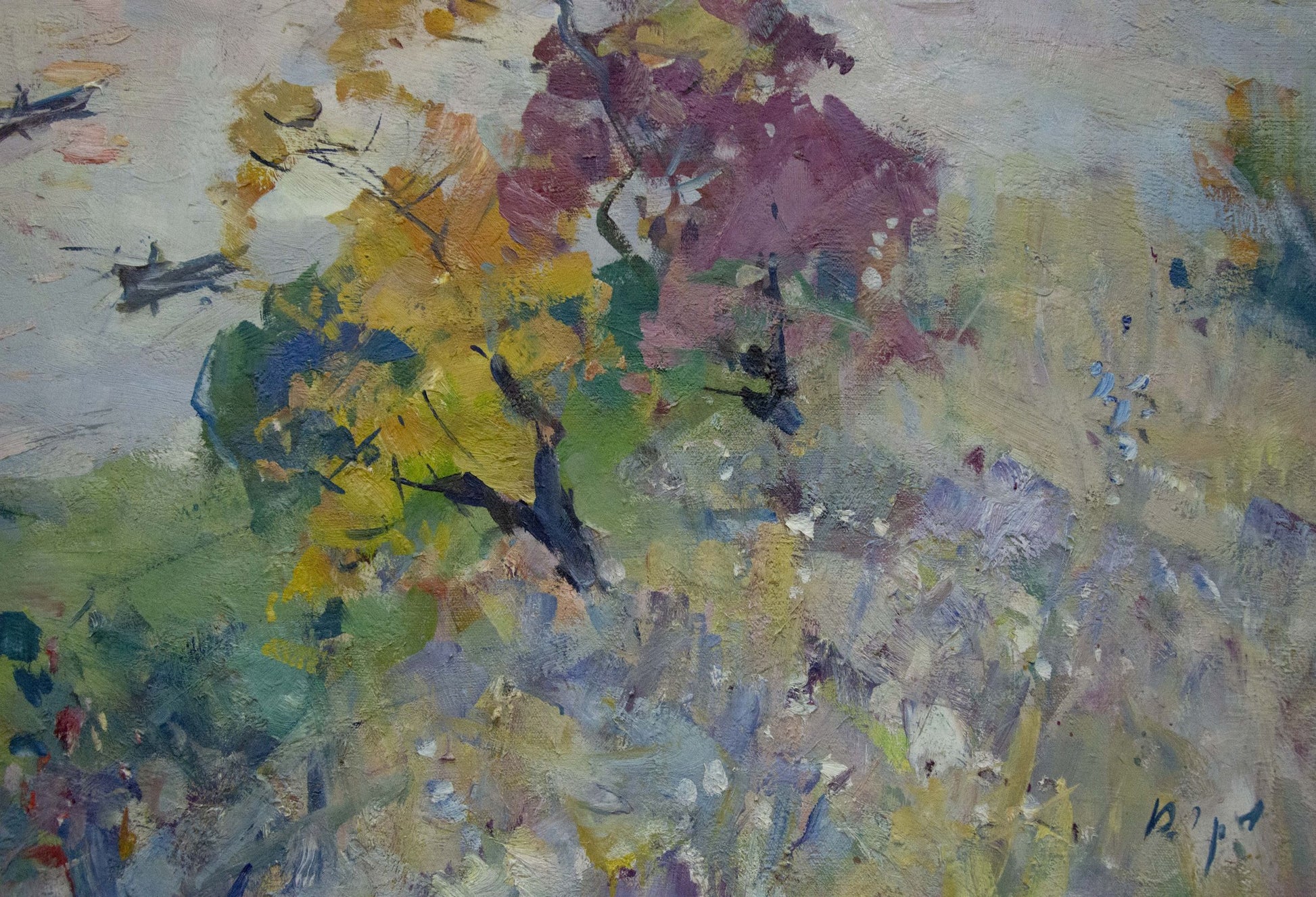 Vibrant impressionist oil painting of early fishing on river by unknown artist