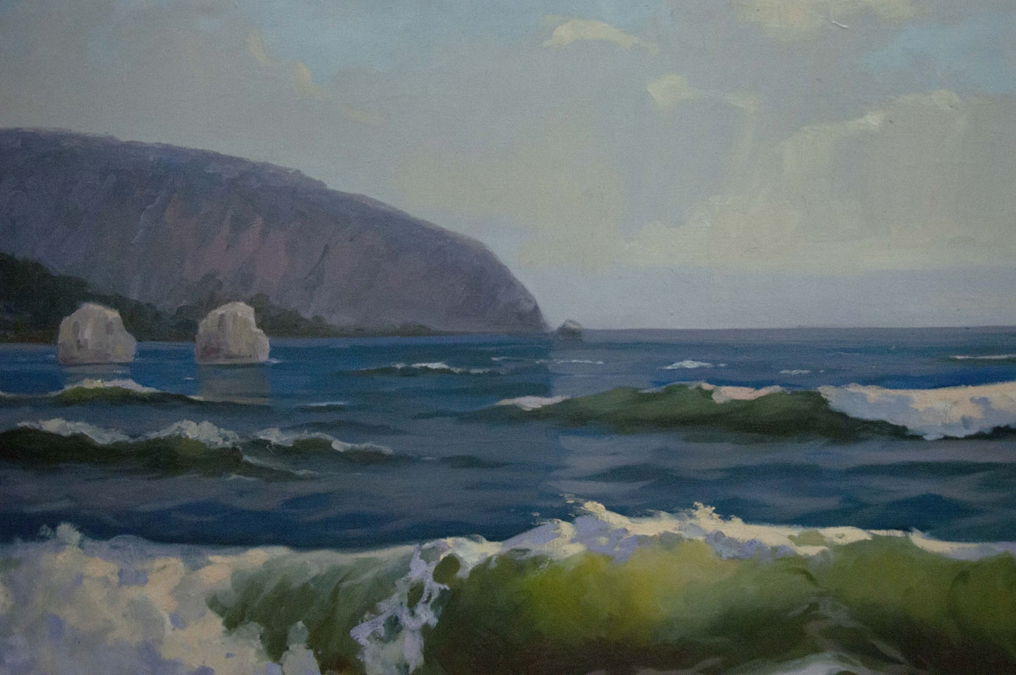 Oil painting Seascape Tsyganok Nikitin: blue waves crashing on purple cliff