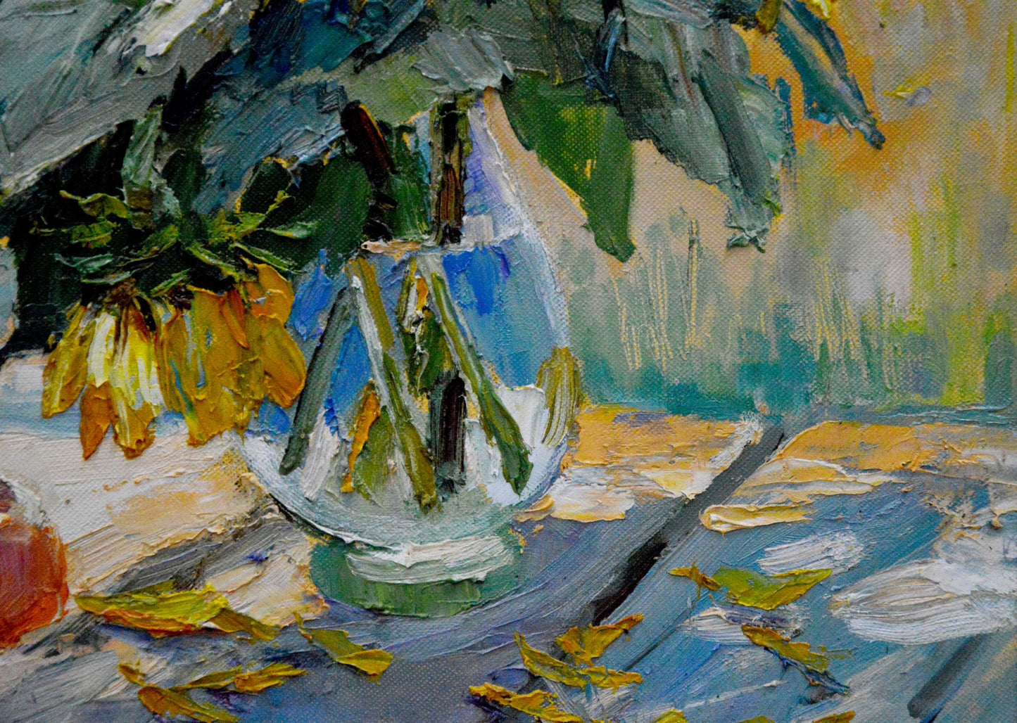 Oil painting of translucent blue glass vase with green stems and yellowing sunflowers by Polyakova Lyudmila Valentinovna