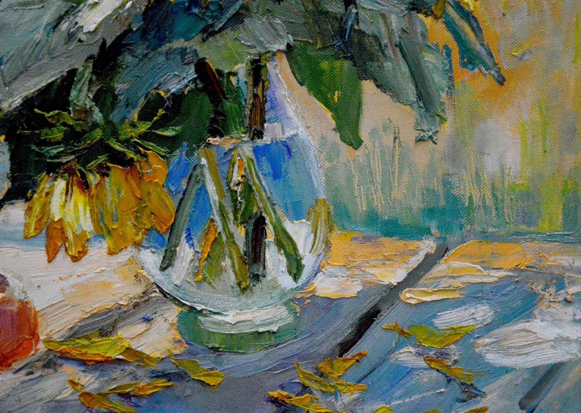 Oil painting of translucent blue glass vase with green stems and yellowing sunflowers by Polyakova Lyudmila Valentinovna