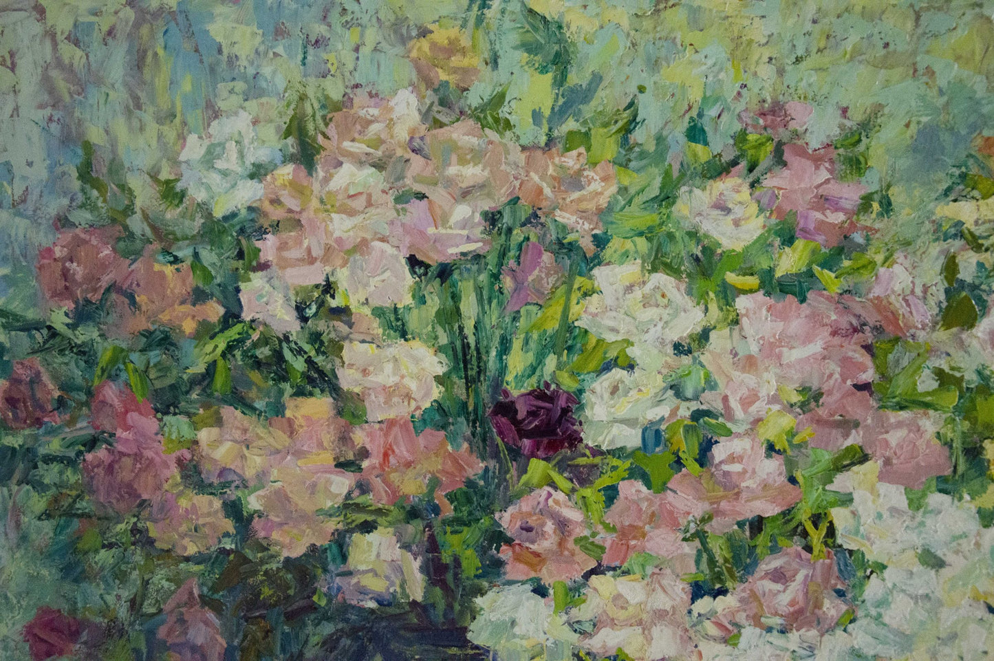 Vibrant impressionist oil painting of lush rose garden by Artym Olga Markovna