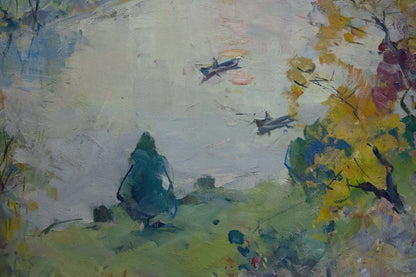 Oil painting of early fishing on river with 2 boats amid autumn trees