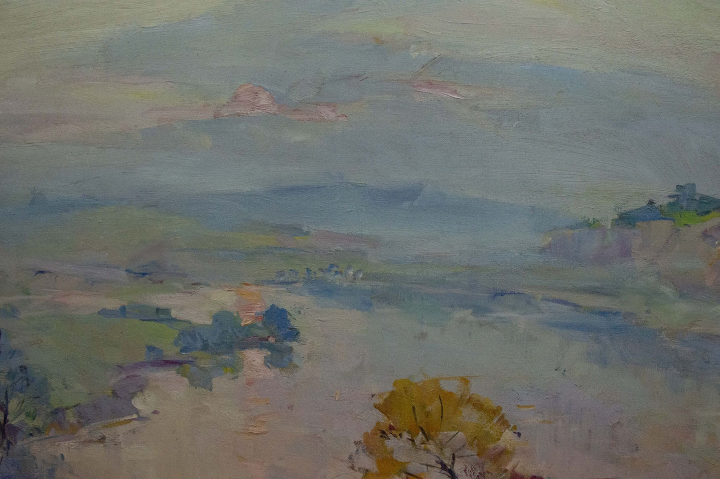 Oil painting Early fishing on river: impressionistic blues, greens, yellow tree