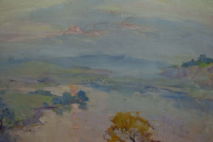 Oil painting Early fishing on river: impressionistic blues, greens, yellow tree