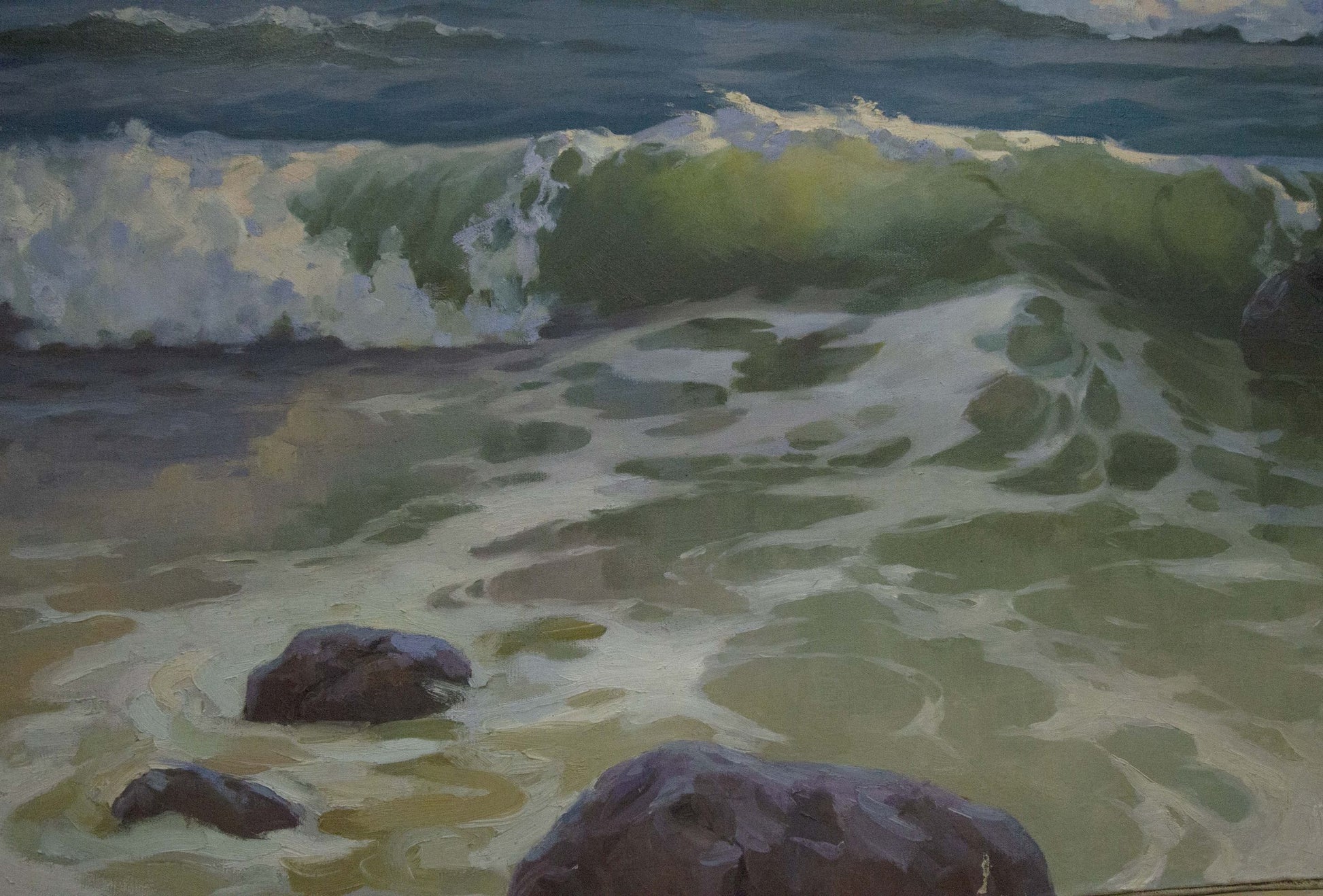 Textured impressionistic oil painting of green white ocean waves crashing over rocks by Tsyganok Nikitin