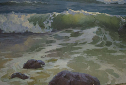 Textured impressionistic oil painting of green white ocean waves crashing over rocks by Tsyganok Nikitin