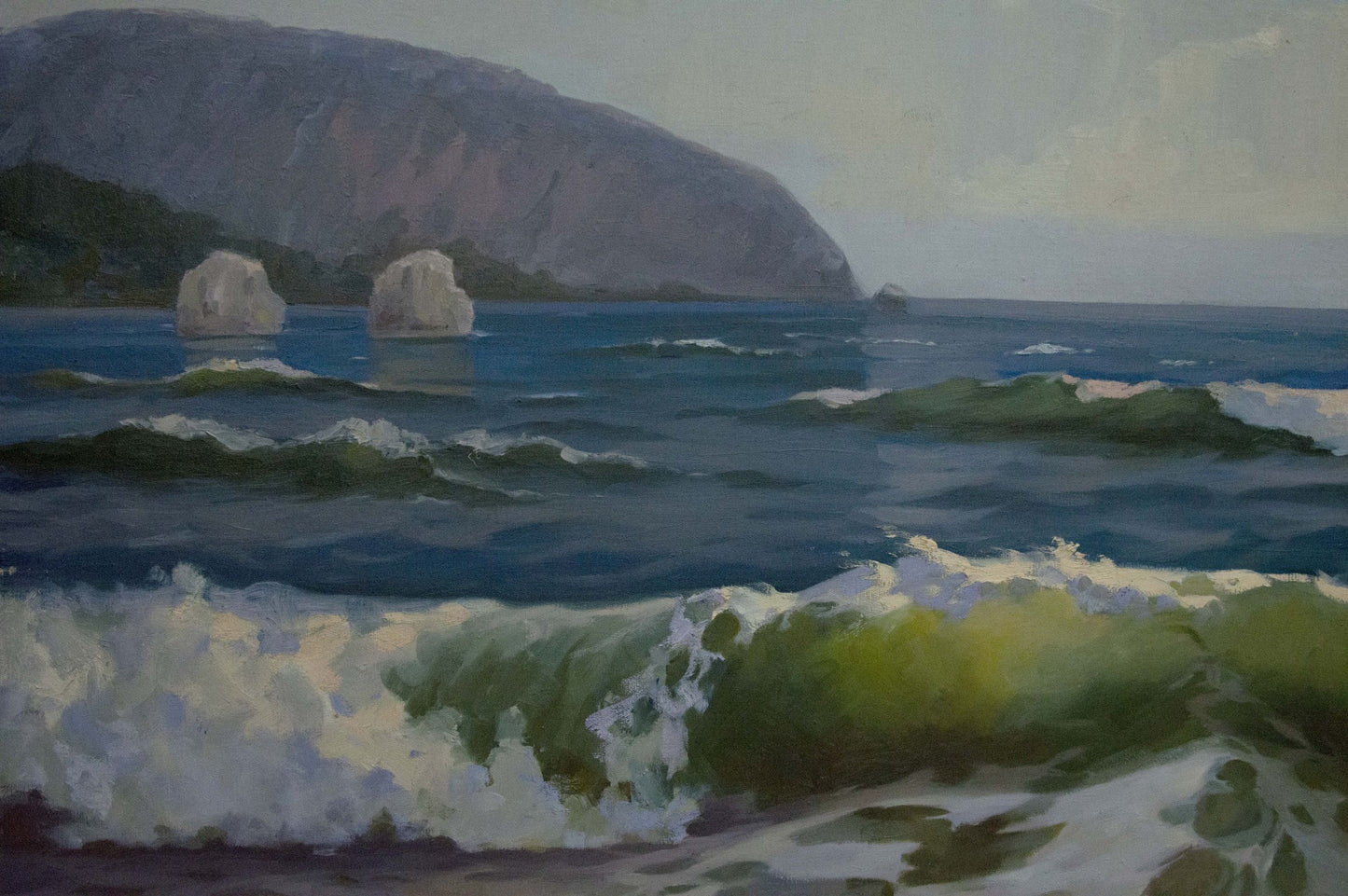 Oil painting Seascape Tsyganok Nikitin: blue waves on green cliff with white rocks