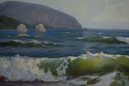 Oil painting Seascape Tsyganok Nikitin: blue waves on green cliff with white rocks