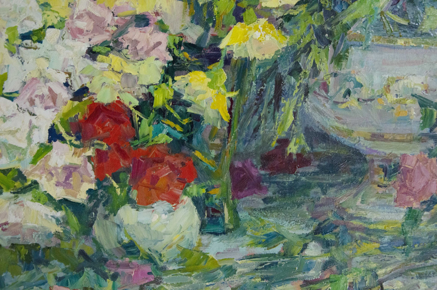 Oil painting of vibrant red pink yellow flowers in white vase by Artym Olga Markovna
