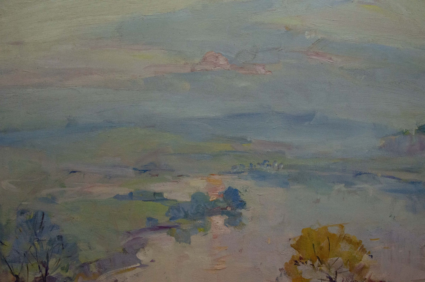 Impressionistic oil painting of early fishing on river in muted greens and blues