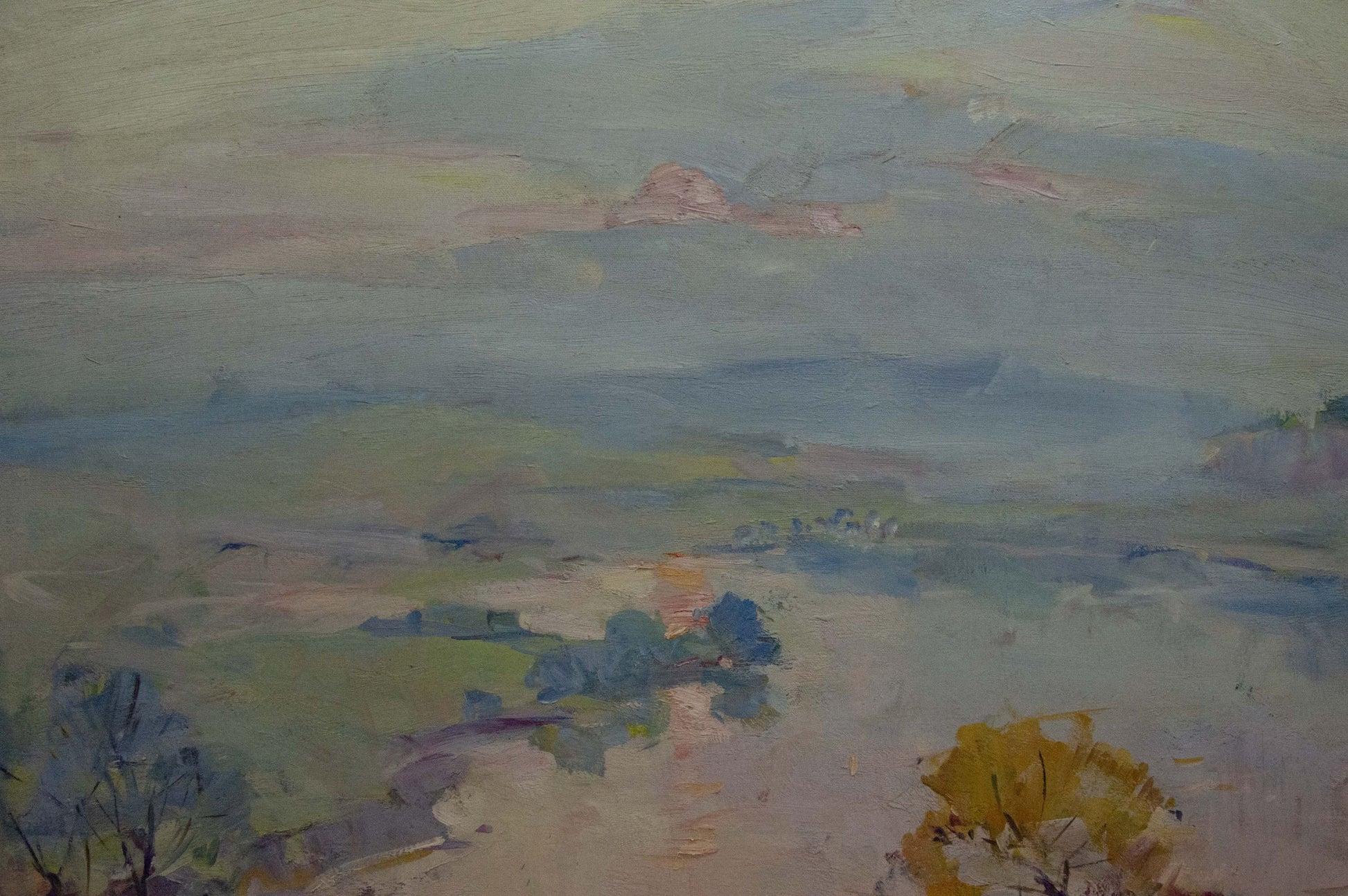 Impressionistic oil painting of early fishing on river in muted greens and blues