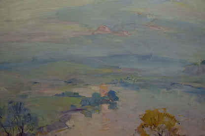 Impressionistic oil painting of early fishing on river in muted greens and blues