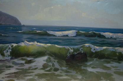 Oil painting Seascape by Tsyganok Nikitin: serene waves on rocky shore