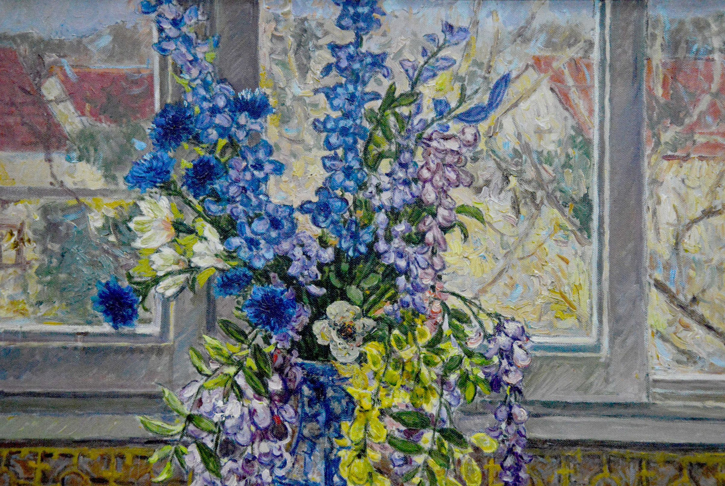Oil painting of vibrant blue purple white flowers in vase by Alexander Stolyarenko
