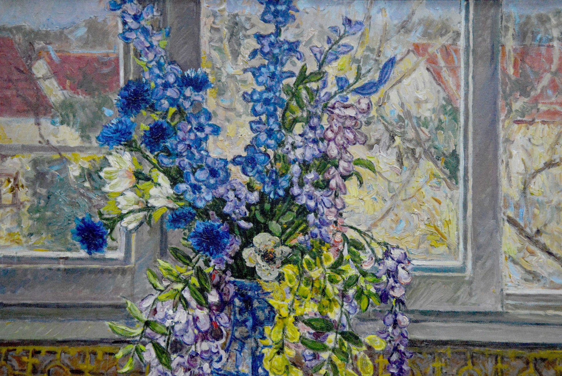 Oil painting of vibrant blue purple white flowers in vase by Alexander Stolyarenko