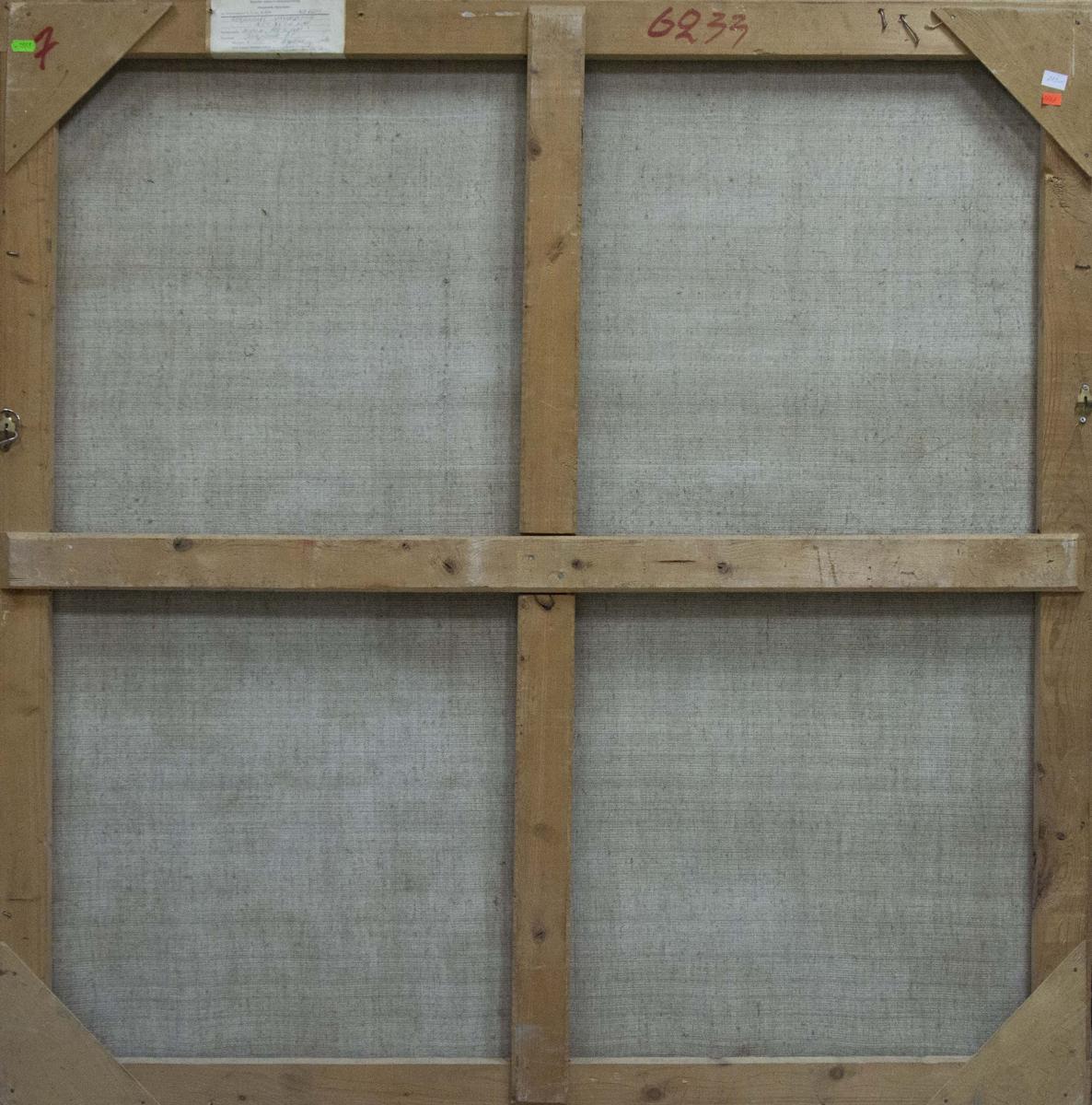 Back of wooden-framed oil painting Early fishing on the river with gray linen panels