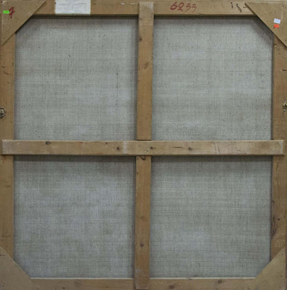 Back of wooden-framed oil painting Early fishing on the river with gray linen panels
