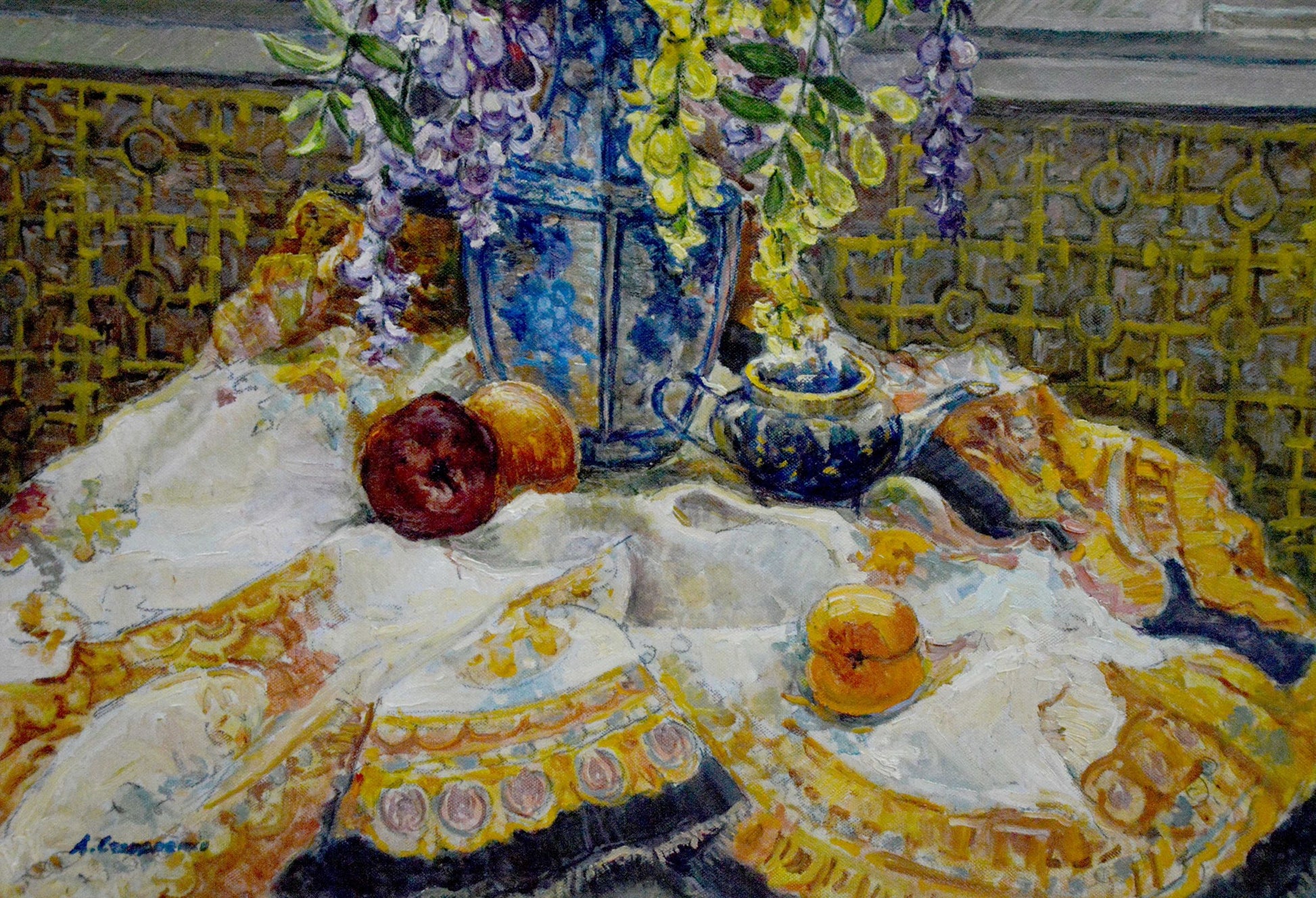 Oil painting of blue white vase with purple yellow wisteria by Alexander Stolyarenko