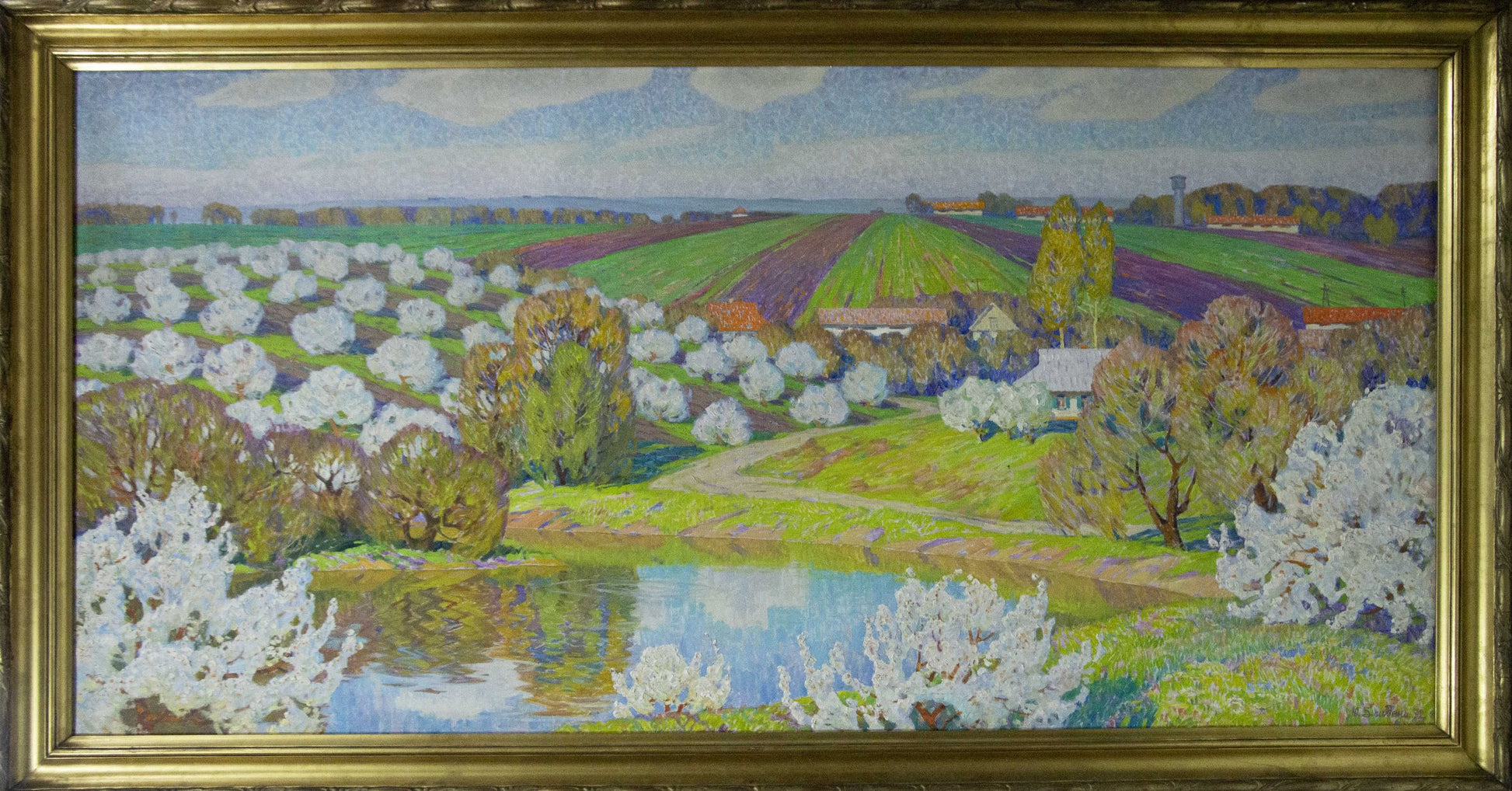 Oil painting Blooms by Zlyden Yuri Fedorovich: blooming trees, fields, pond
