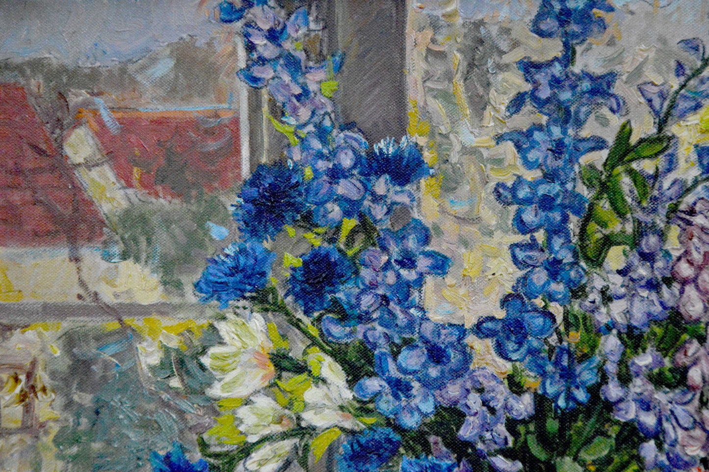 Oil painting of vibrant blue delphiniums by Alexander Stolyarenko