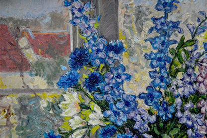 Oil painting of vibrant blue delphiniums by Alexander Stolyarenko