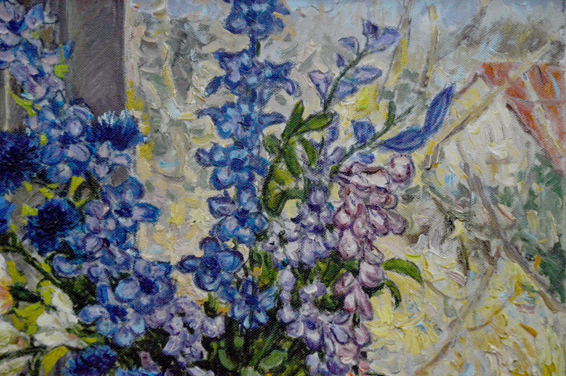Vibrant impressionistic oil painting of blue purple delphiniums by Alexander Stolyarenko