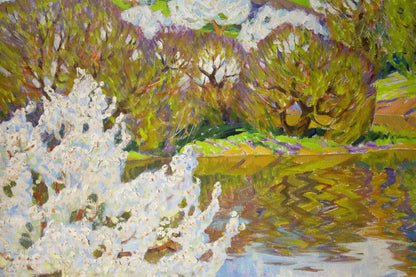 Oil painting Blooms by Zlyden Yuri Fedorovich: white trees in river