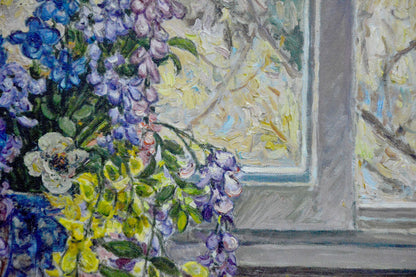 Oil painting of vibrant purple blue yellow flowers by Alexander Stolyarenko