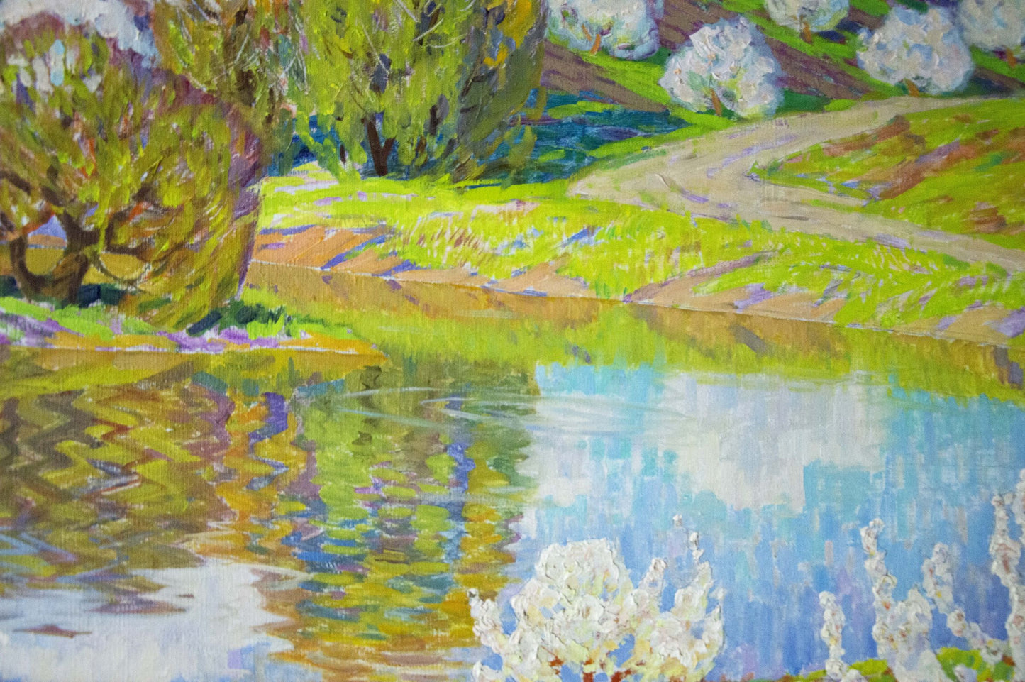 Vibrant impressionist oil painting Blooms by Zlyden Yuri Fedorovich serene pond blossoms