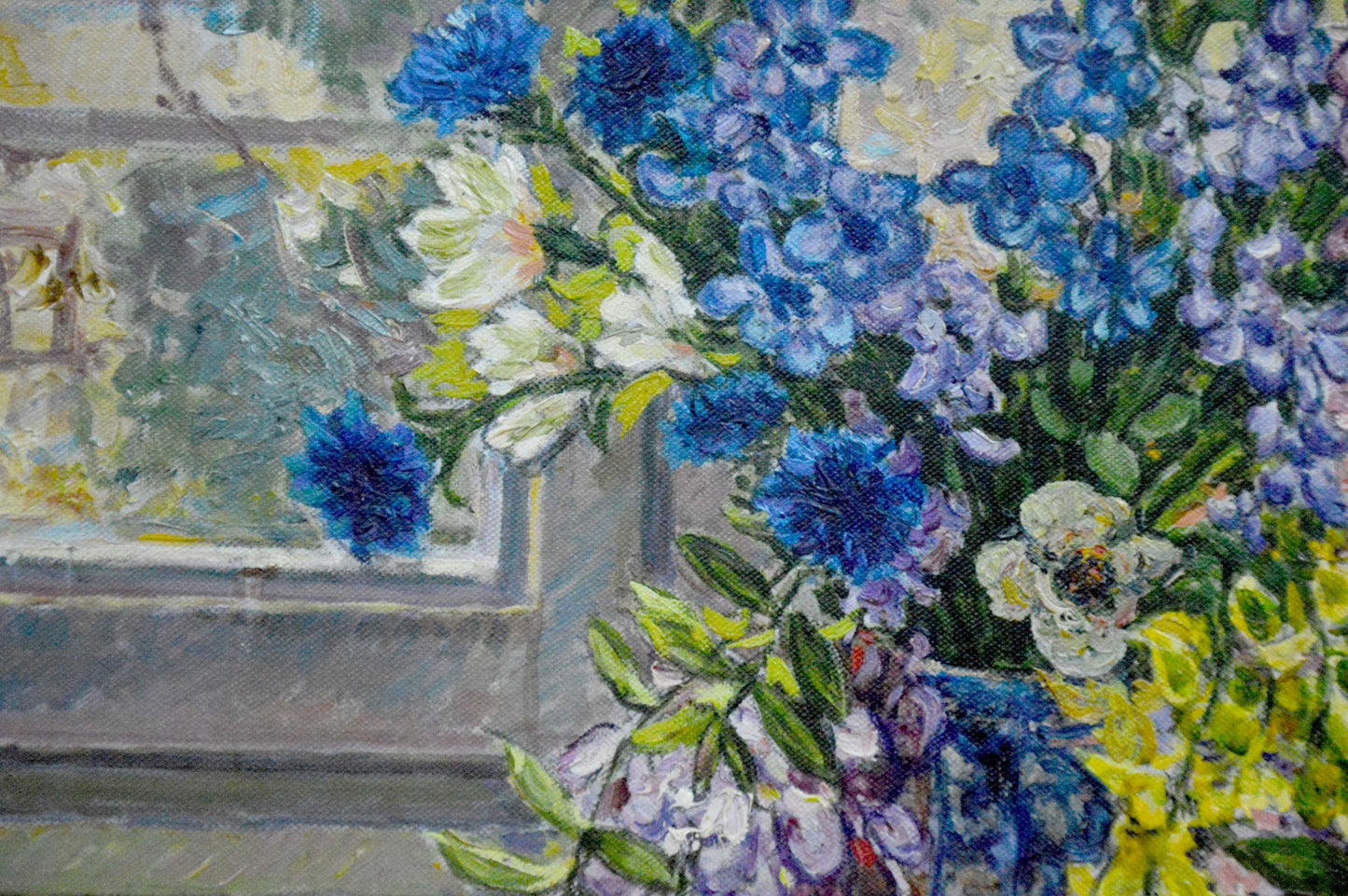 Oil painting of vibrant blue white purple flowers by Alexander Stolyarenko