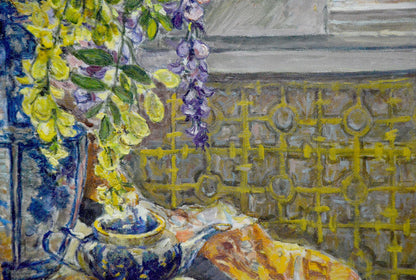 Oil painting of blue white teapot amid yellow purple wisteria by Alexander Stolyarenko