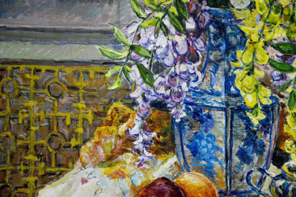 Oil painting of blue vase with purple yellow flowers by Alexander Stolyarenko