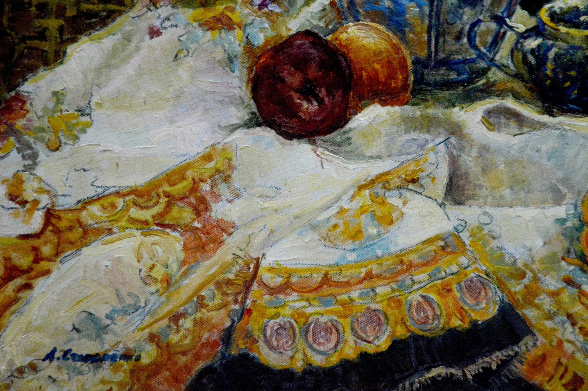 Oil painting of flowers by window by Alexander Stolyarenko with red apple