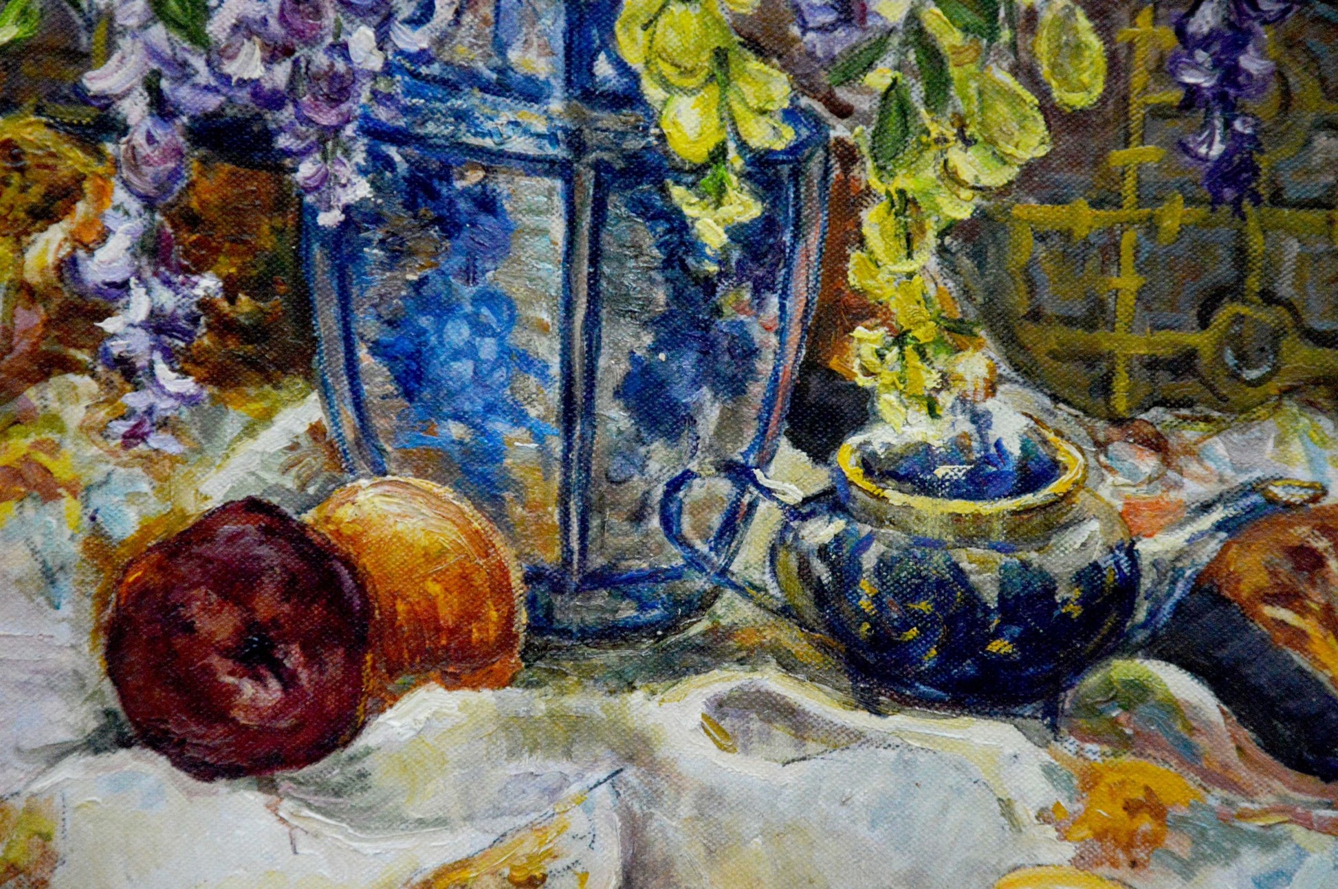 Oil painting of blue white teapot by purple yellow wisteria by Alexander Stolyarenko