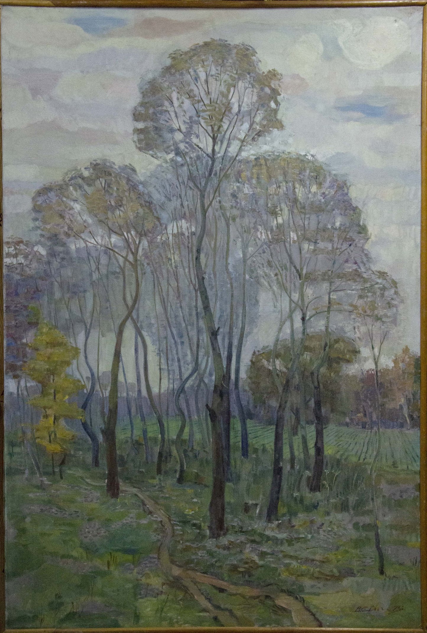 Framed oil painting of great autumn trees in forest, impressionist style