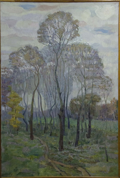Framed oil painting of great autumn trees in forest, impressionist style