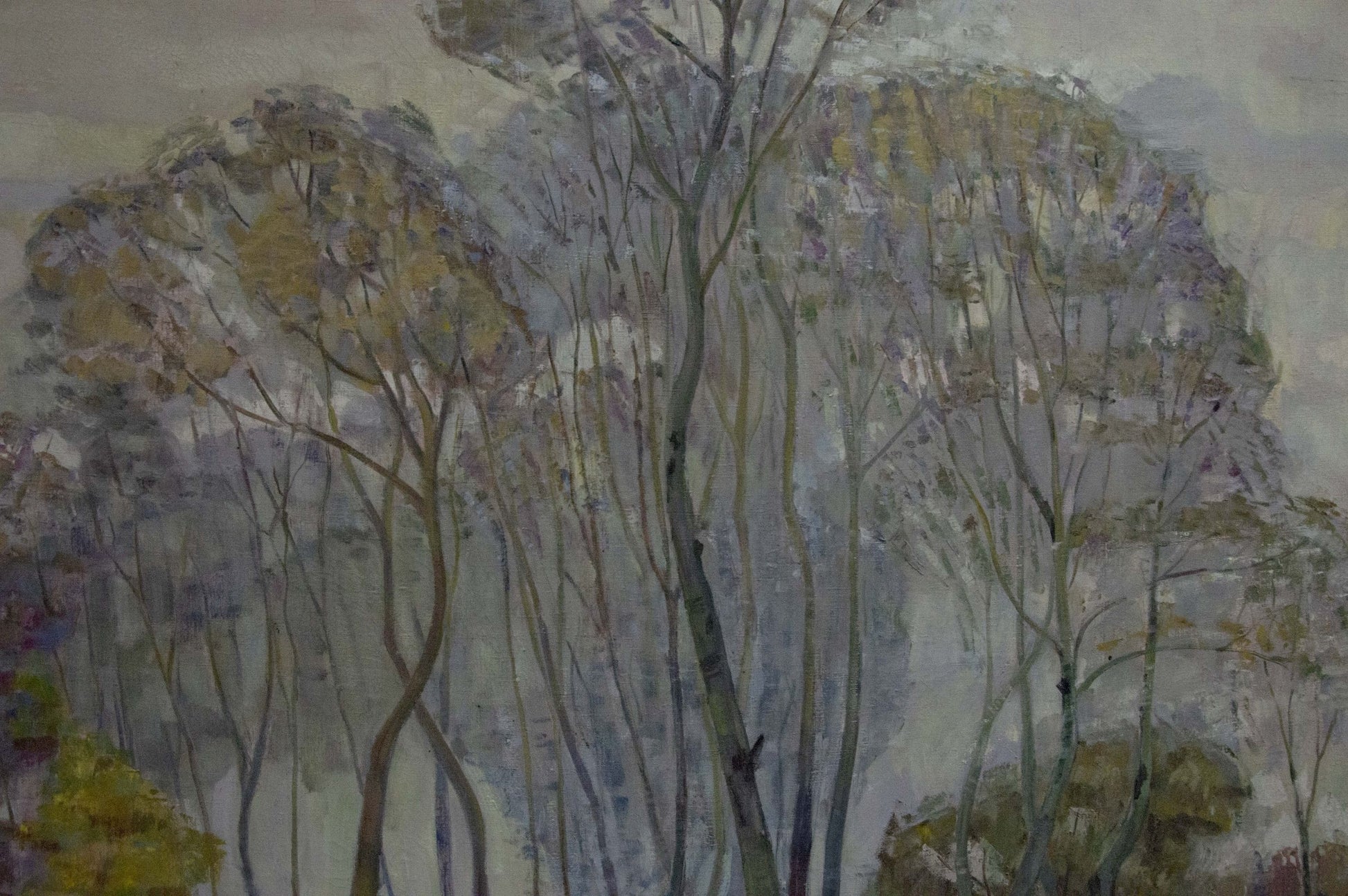 Oil painting of great autumn trees by unknown artist, impressionistic bare trees