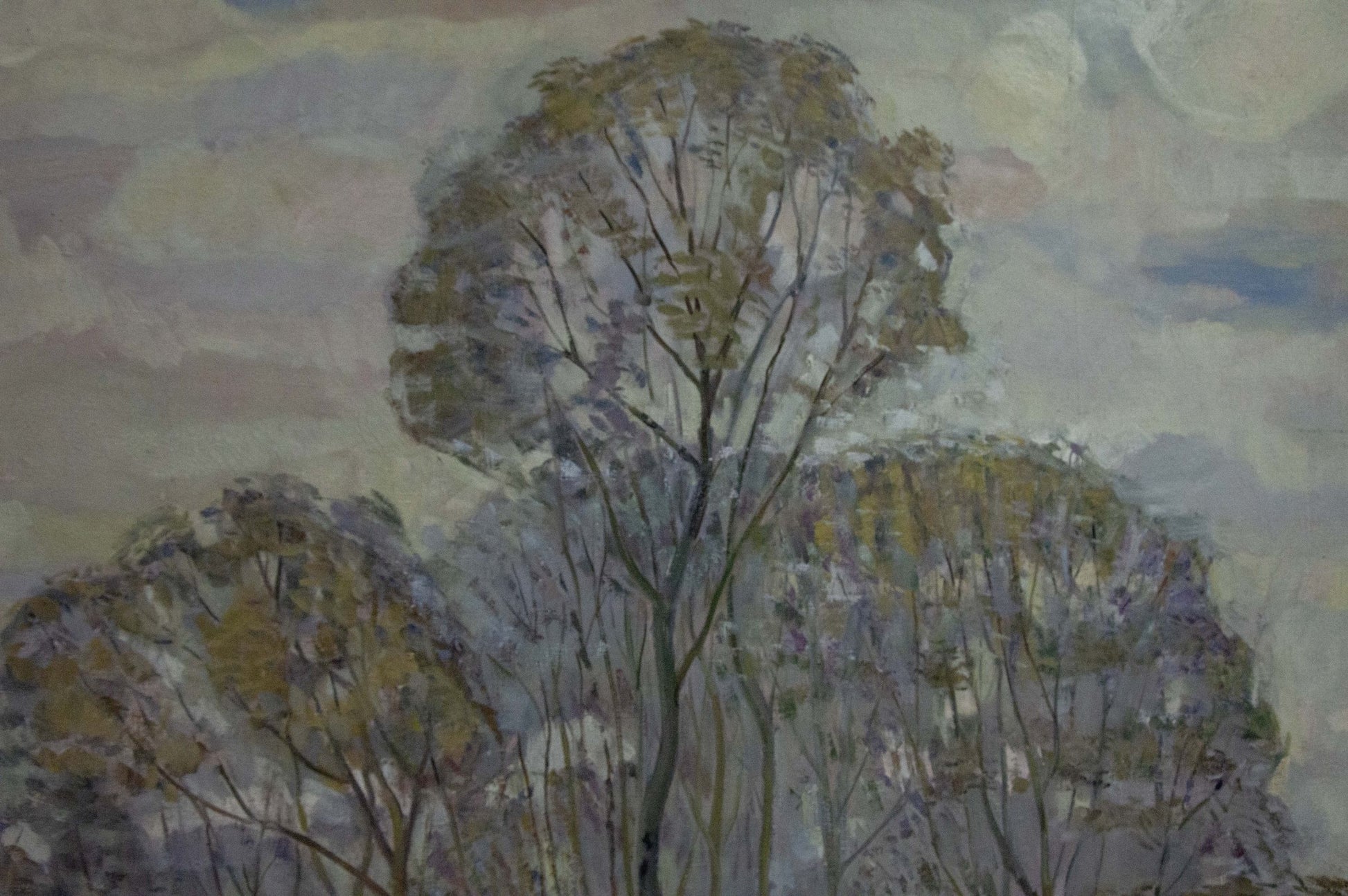 Oil painting of great autumn trees by unknown artist, impressionistic grays