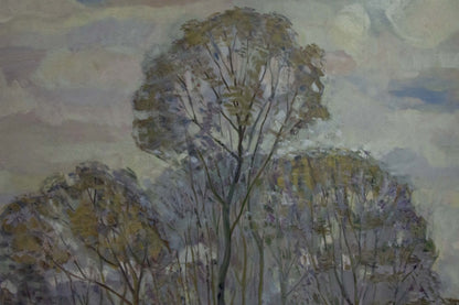Oil painting of great autumn trees by unknown artist, impressionistic grays