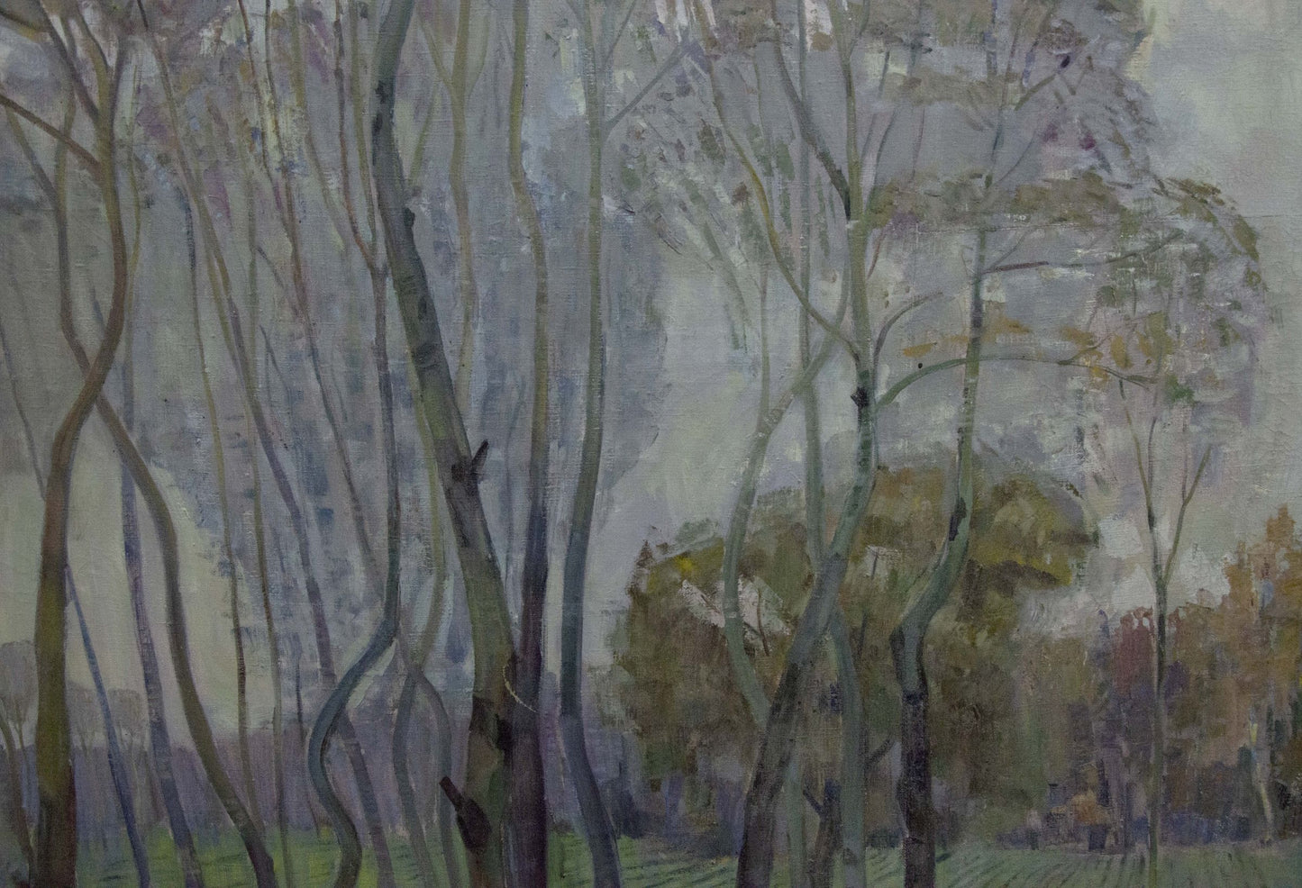 Impressionistic oil painting of slender autumn trees by unknown artist