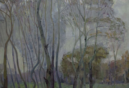 Impressionistic oil painting of slender autumn trees by unknown artist