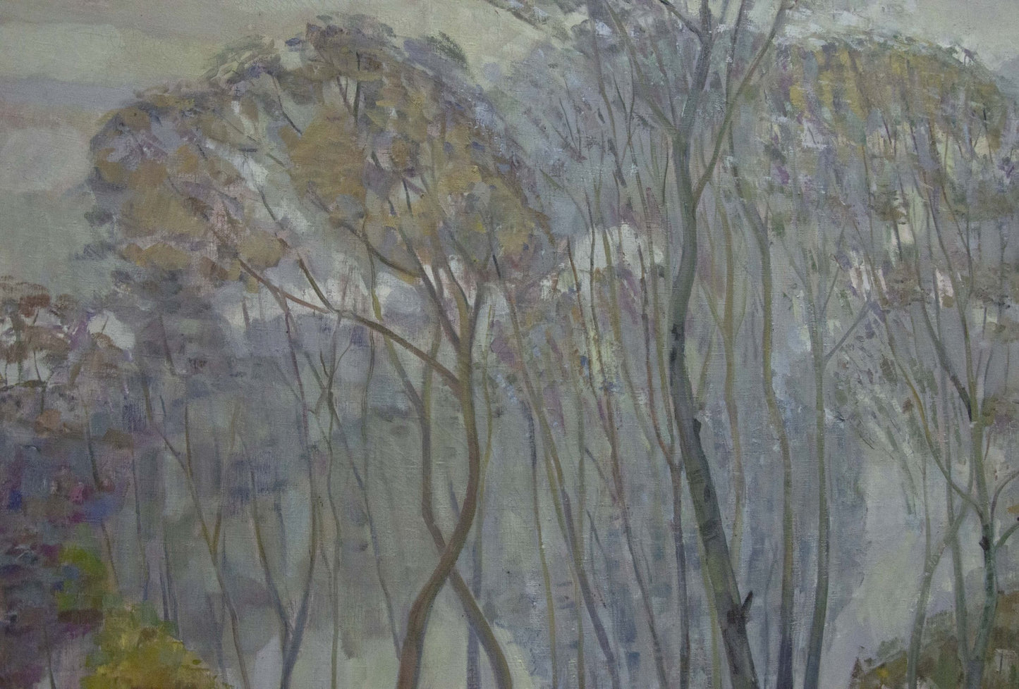 Impressionistic oil painting of great autumn trees in gray forest, unknown artist