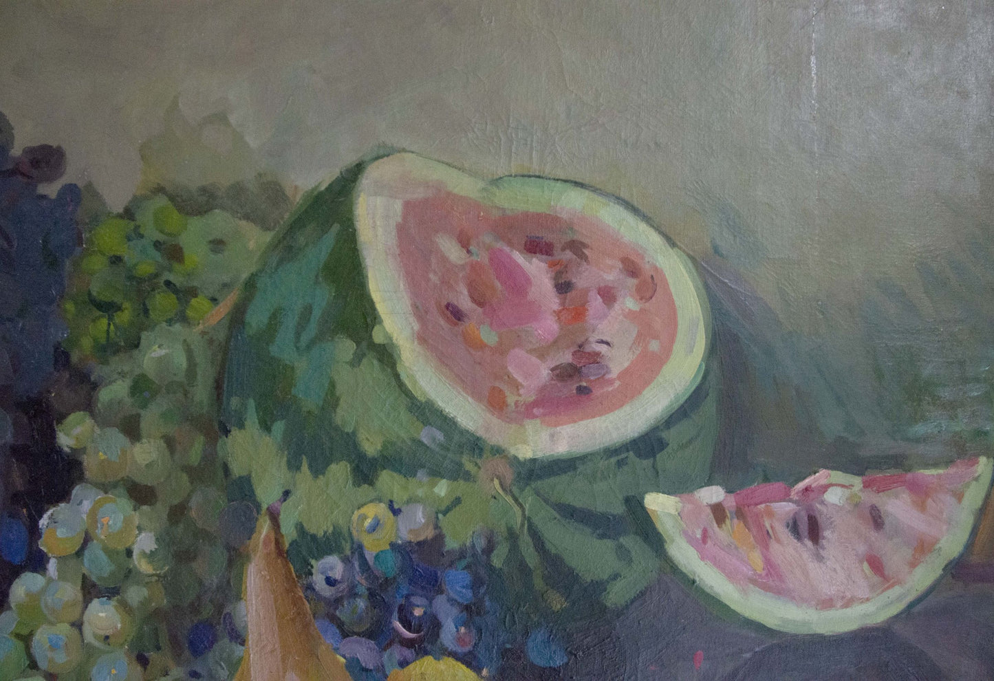 Vibrant hand-painted watermelon oil painting by Karnaukh Petr Mikhailovich