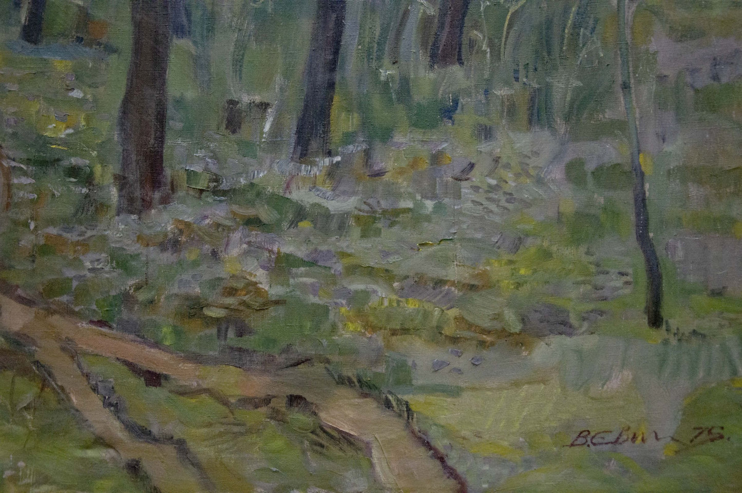Oil painting of great autumn trees on forest floor by unknown artist