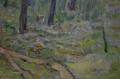 Oil painting of great autumn trees on forest floor by unknown artist