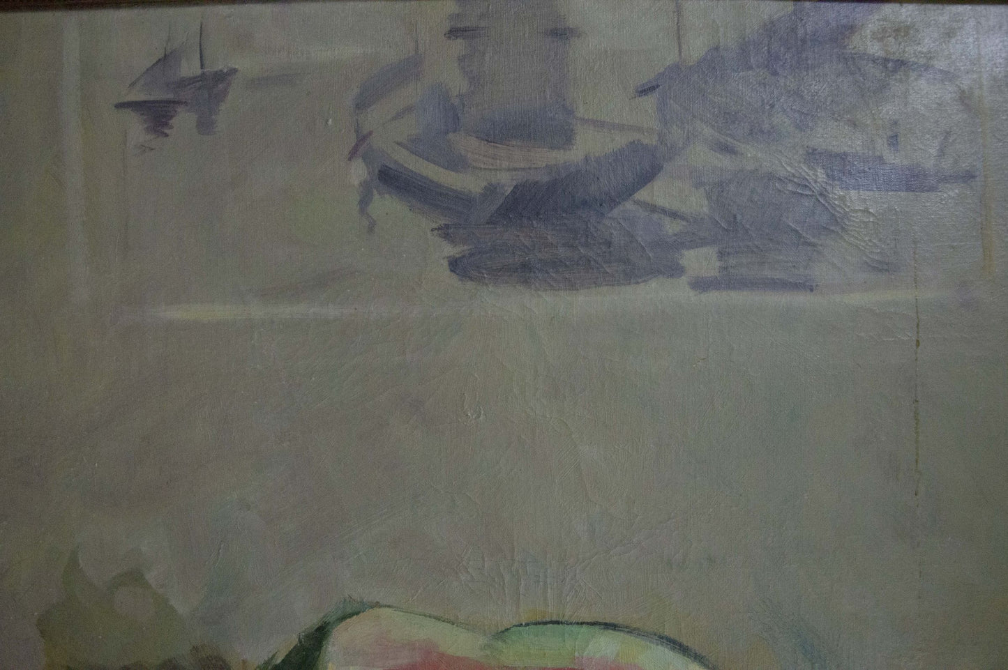 Weathered abstract oil painting by Karnaukh Petr Mikhailovich, muted blues and grays