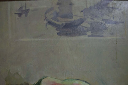 Weathered abstract oil painting by Karnaukh Petr Mikhailovich, muted blues and grays