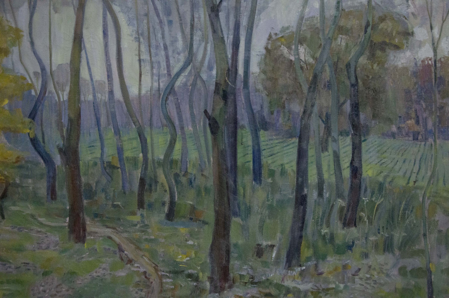 Serene impressionist oil painting of great autumn trees in forest, unknown artist